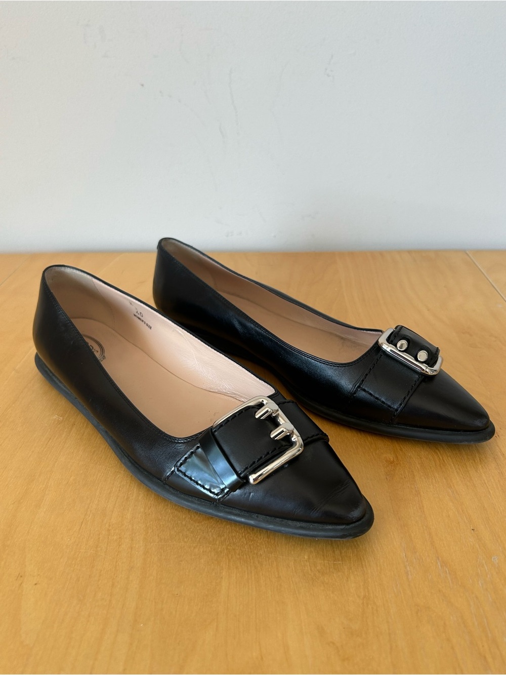Tod’s Black Leather Pointed Toe Flats with Silver Buckle, Sz EU 40
